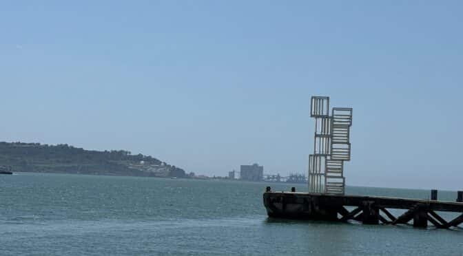 Central Tejo sculpture on a pier outside of the MAAT Museum.