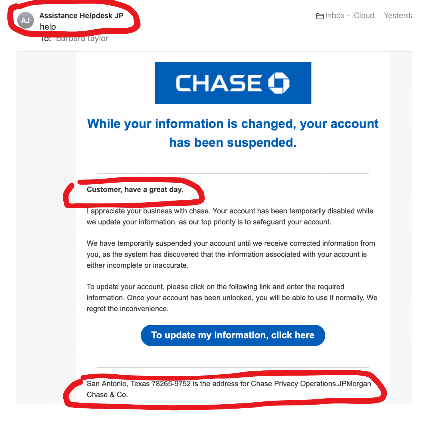 Fake chase scam phishing email